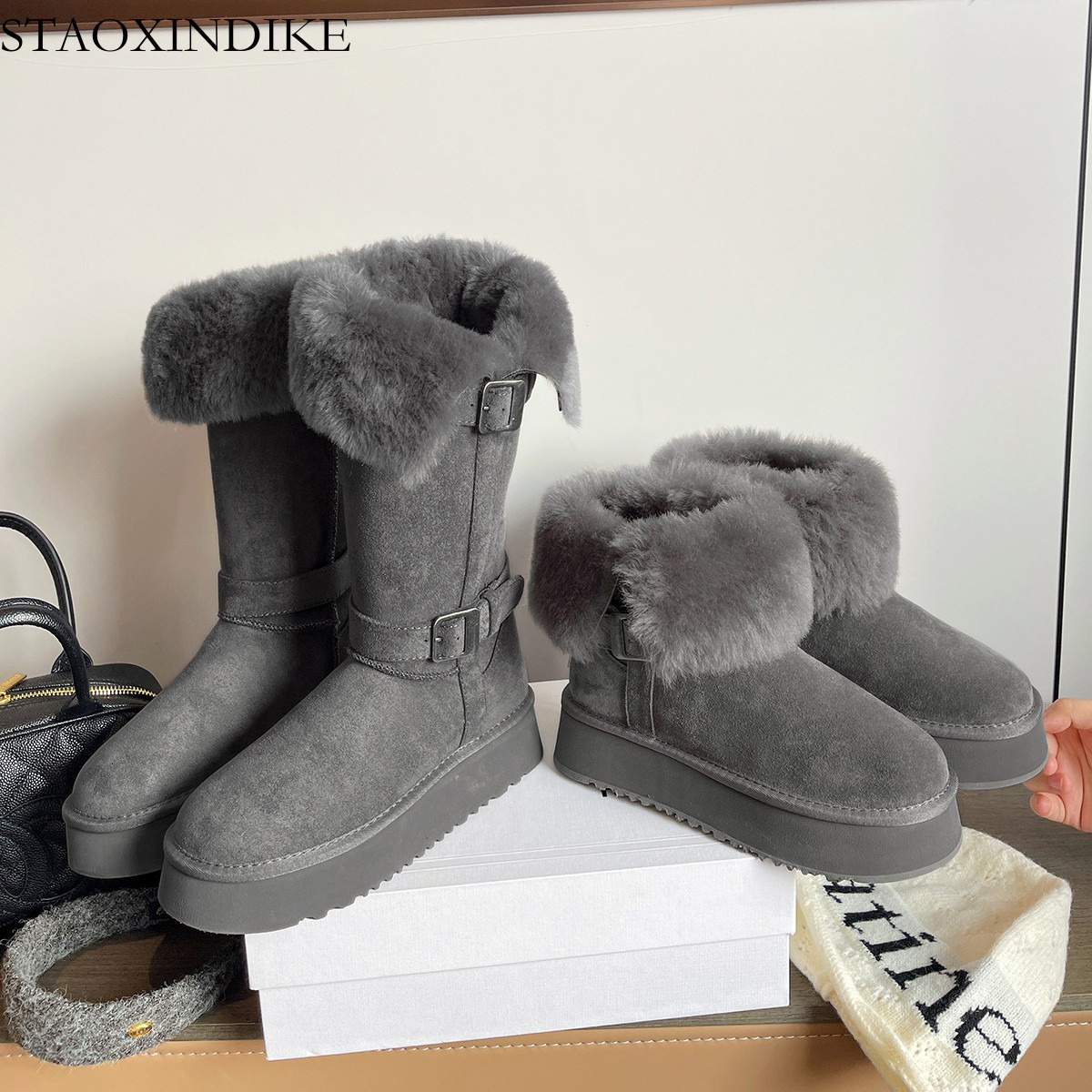 2025 Winter New Snow Boots for Women Thick Sole Warm Furry Shoes Non-Slip Long Boots Thickened Cotton Boots Height Increasing Cotton Shoes