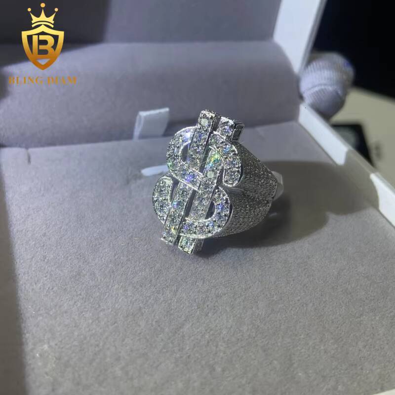 925 Sterling Silver Moissanite Rings Dollar-Shaped Ring Iced Out Moissanite Hip Hop Style Jewelry Ring Pass Diamond Test GRA
