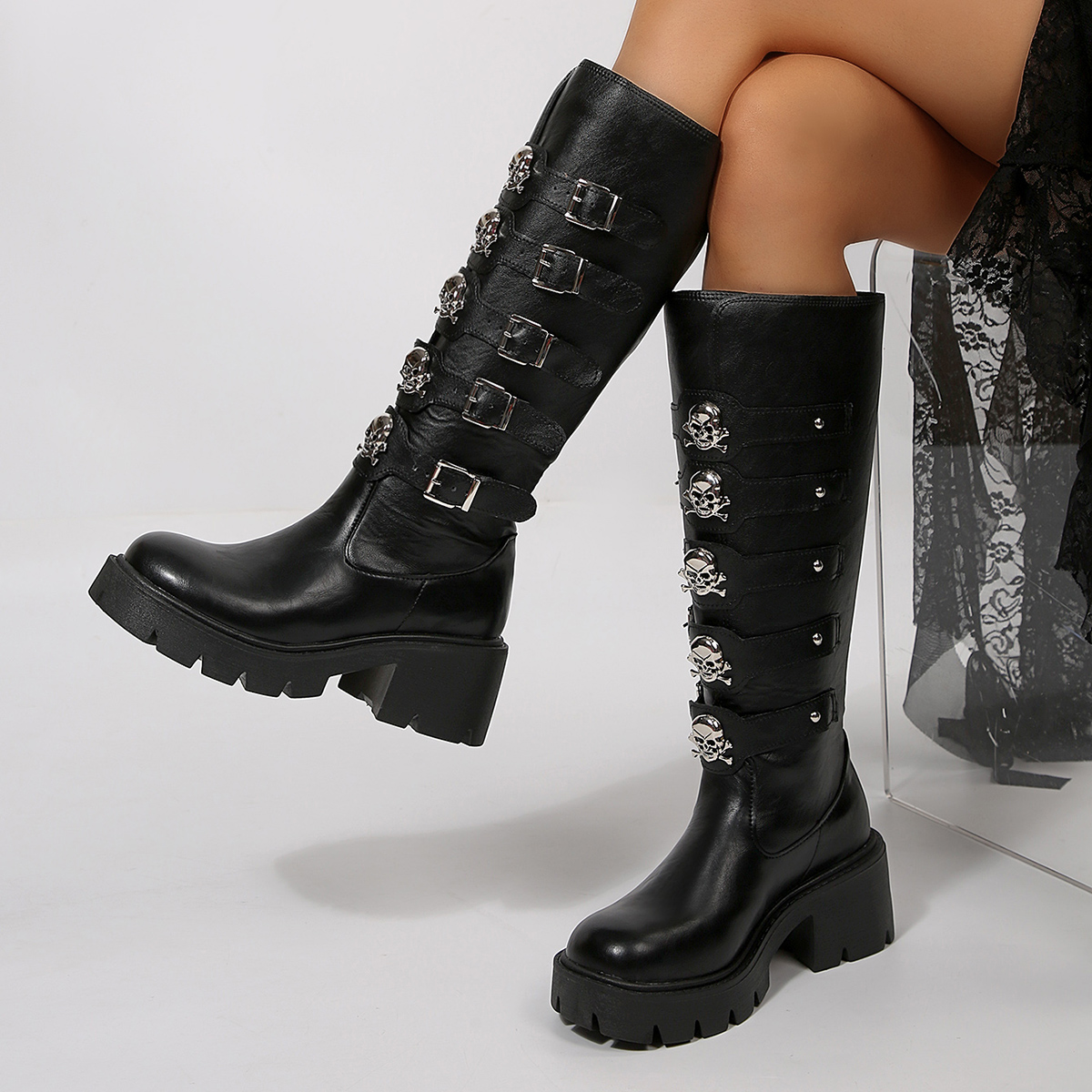 Gothic Metal Skull Thick Bottom Knee High Boots Women 2026 Winter Punk Metal Buckle Black Leather Long Boots Woman's Y2K Shoes Punk Style High He