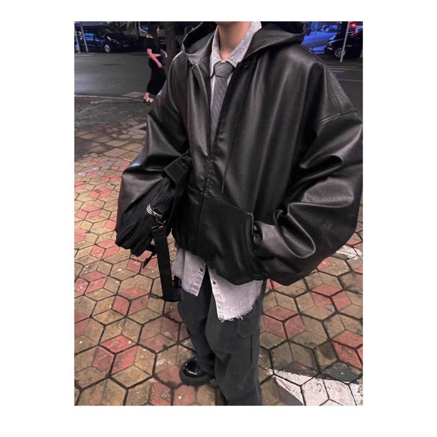 Luxury Mens Short Wide Hooded Leather Jacket Spring Autumn Loose Fit Casual Outerwear CoatT251204