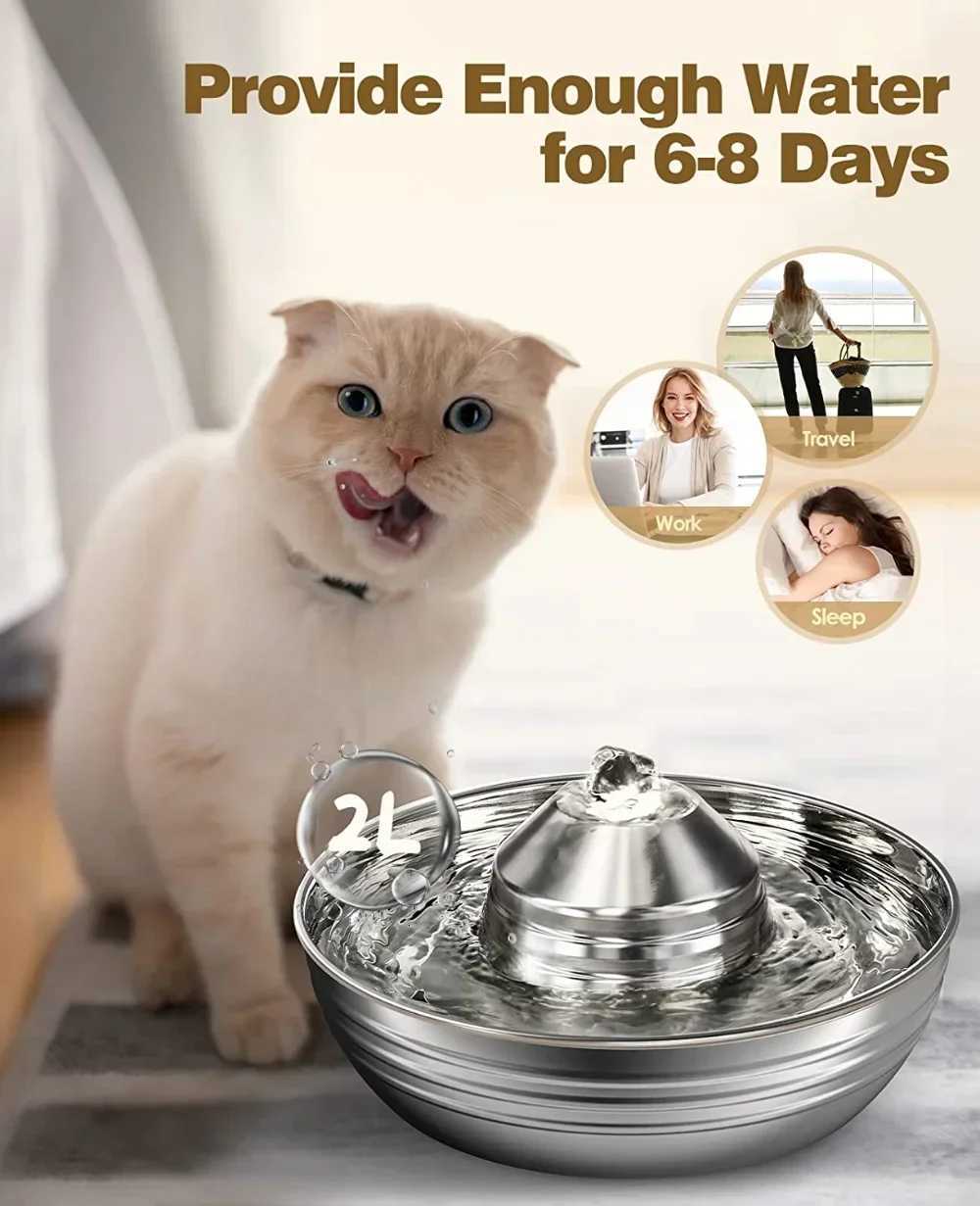 2L Stainless Steel Cat Water Fountain for Multiple Pets Quiet Low Noise Dog Water Dispenser for Cats Dogs Feeder M251204