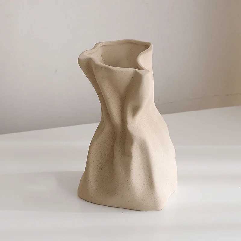 Ceramic Vase Flower Vase Crinkle Paper Bag Shape Ceramic Vase Art Decorative Flower Vase for Wedding Dinning Bookshelf H251204