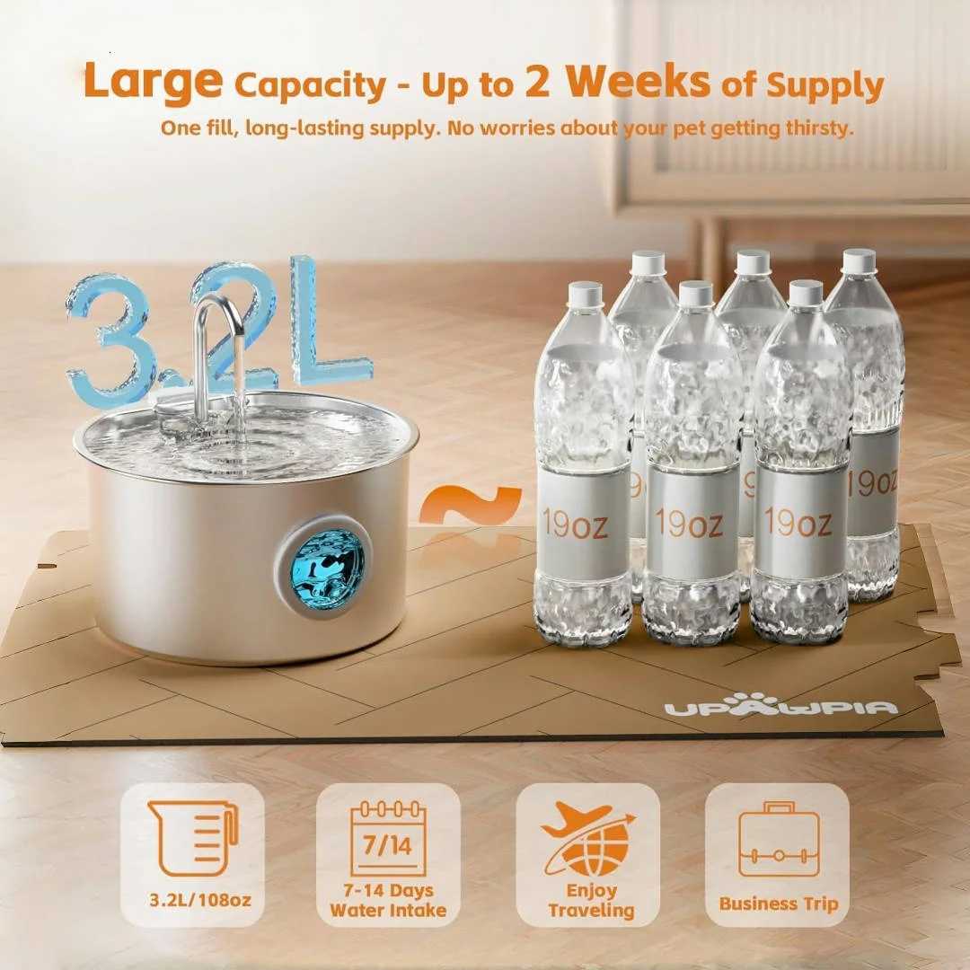 Stainless Steel Cat Water Fountain 108oz Pet Fountain Dispenser Automatic for Inside Dog Cats Drinking Replaceable filters M251204