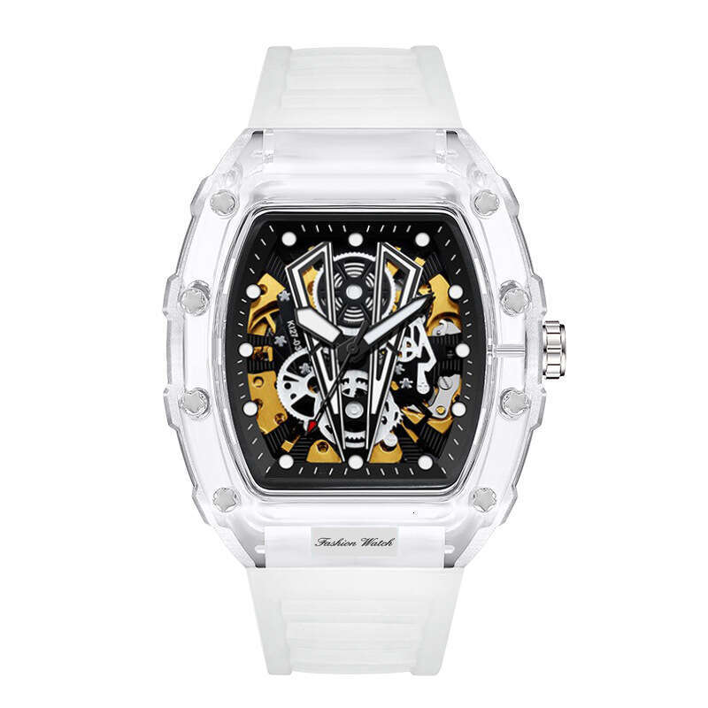 Fashion Barrel-Shaped Silicone Transparent Hollow Automatic Mechanical Watch for Men