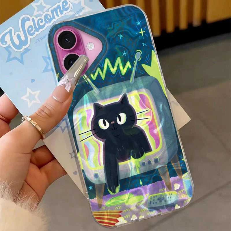 Flower Cute Black Cat Fish Phone Case For iPhone 16 15 14 13 12 Pro Max Plus 11 16E 7 8 SE 2020 2022 X XS XR Soft Cover H251203