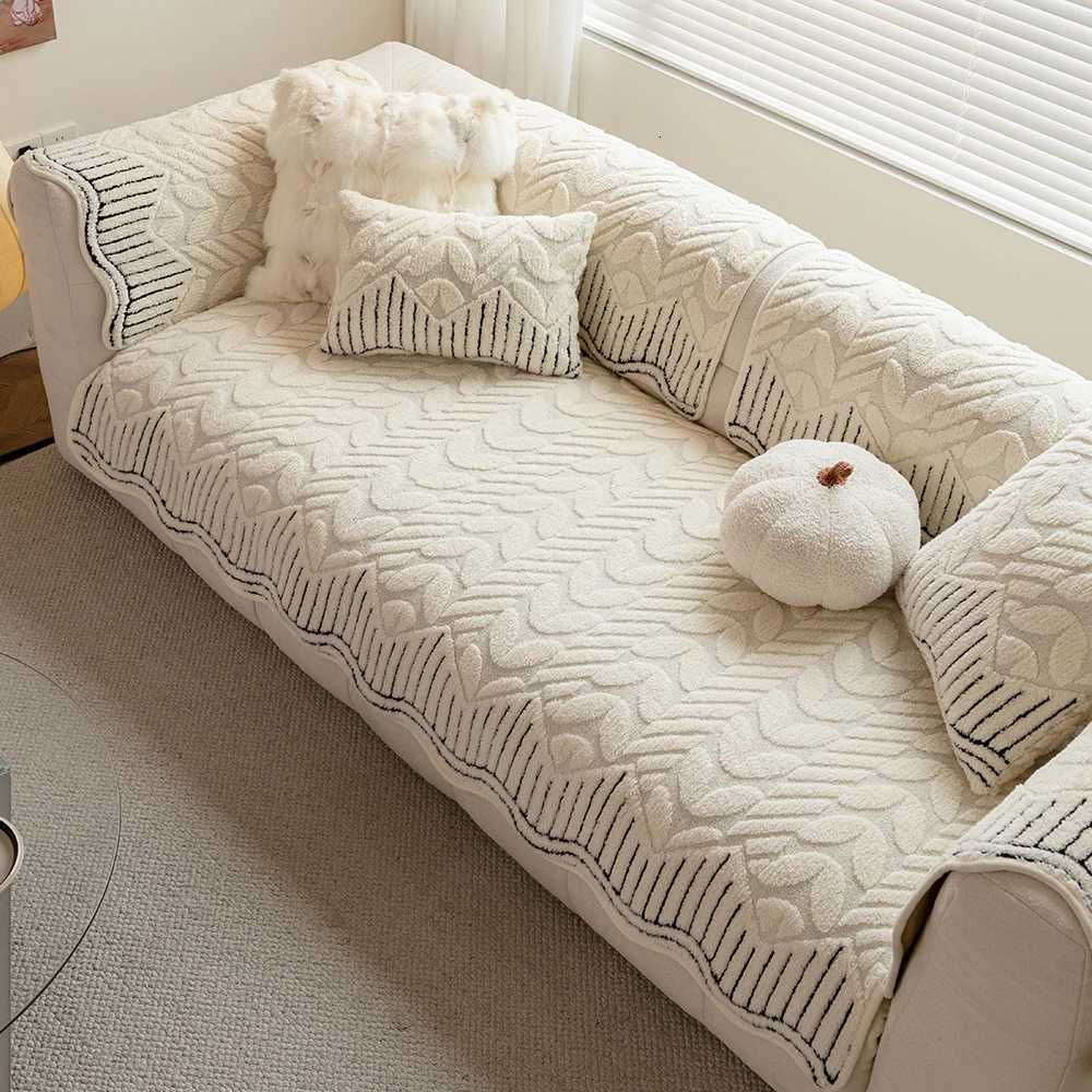 Winter Plush Sofa Cushion with Modern Leaf Edge Anti-Slip Furniture Protector Cover for Living Room padded plush sofa cushion M251204 - view 5