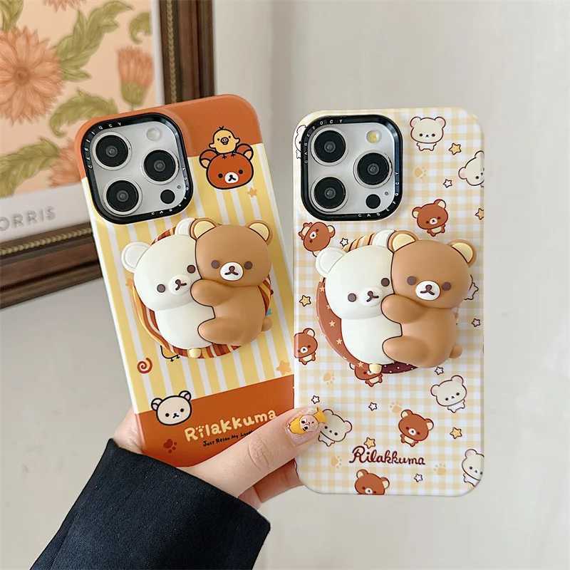 Kawaii Cartoon Bear Strip Plaid Pattern Magnetic Phone Case For iPhone 17 Pro 15 14 16 Pro Max Cover with Holder Cute Cases H251203