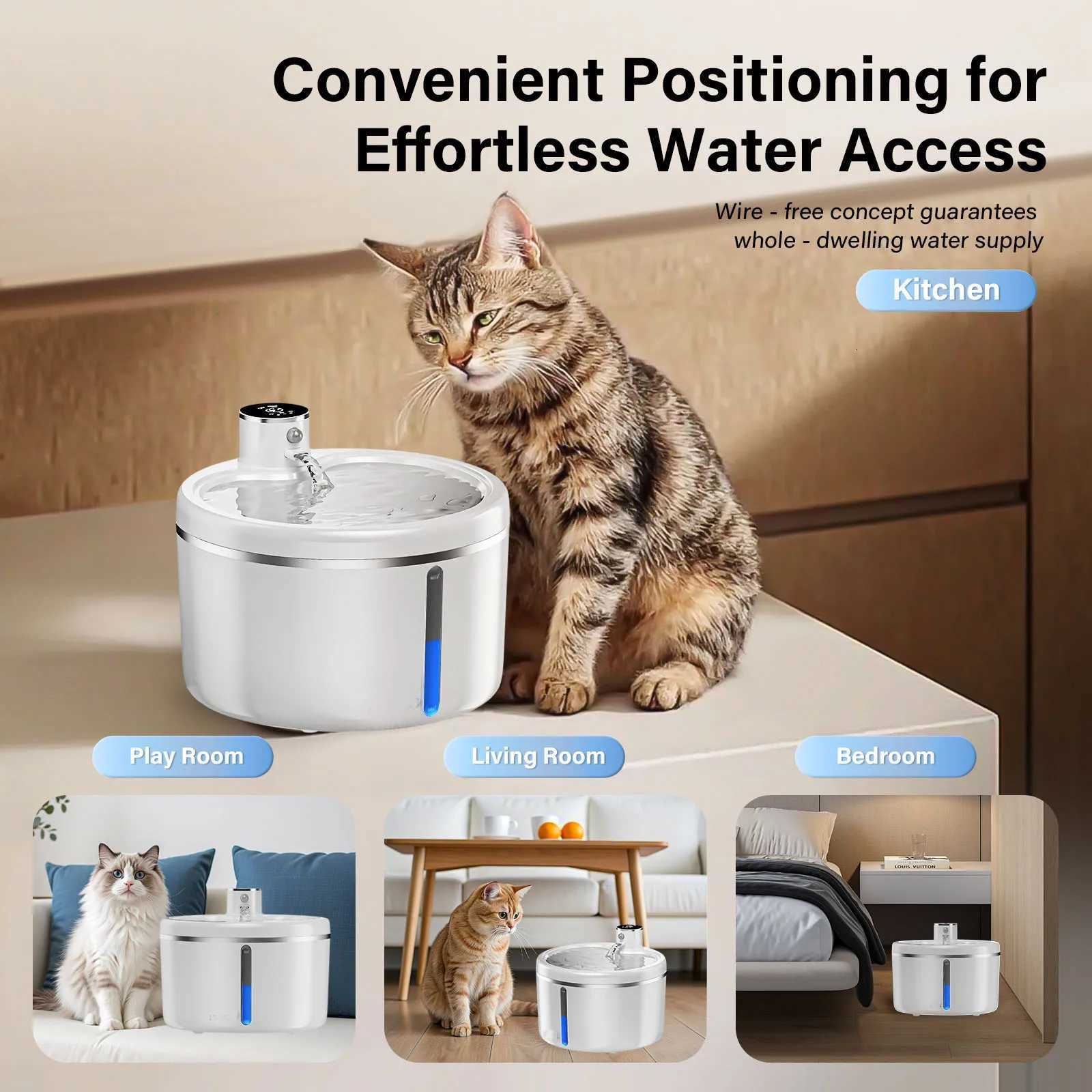Wireless Cat Water Fountain 25L Stainless Steel Pet Drinking Dispenser Smart Sensor Auto Circulating Filter 4000mAh LED Display M251204