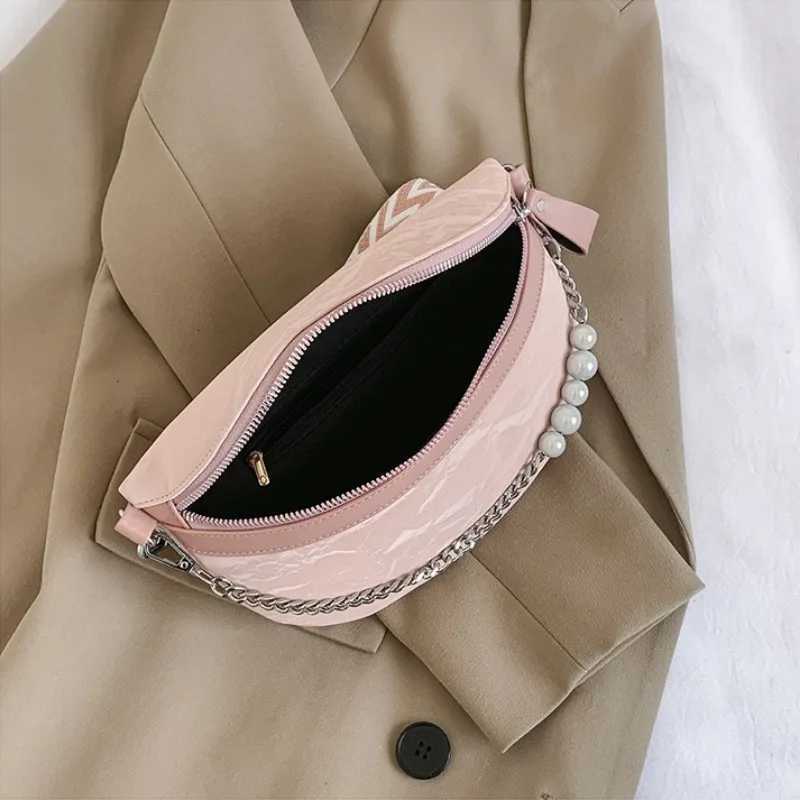 Luxury Beading Chain Waist bag For Women Elegant Solid Colour PU Leather Fanny Pack Ladies Waist Pack Female Crossbody Chest BagT251204
