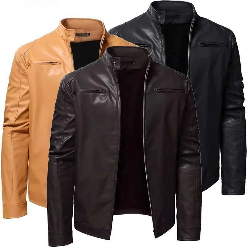 Autumn New Men Stand Collar Coat Black Leather Motorcycle Jacket Solid Color Zipper Streetwear Male Warm Biker JacketsT251204