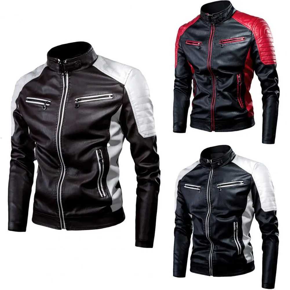 Mens Winter Pu Jacket Motorcycle Waterproof Cool Contrast Colors Classic Biker Leather Jacket Aviator Motor Autumn CoatT251204