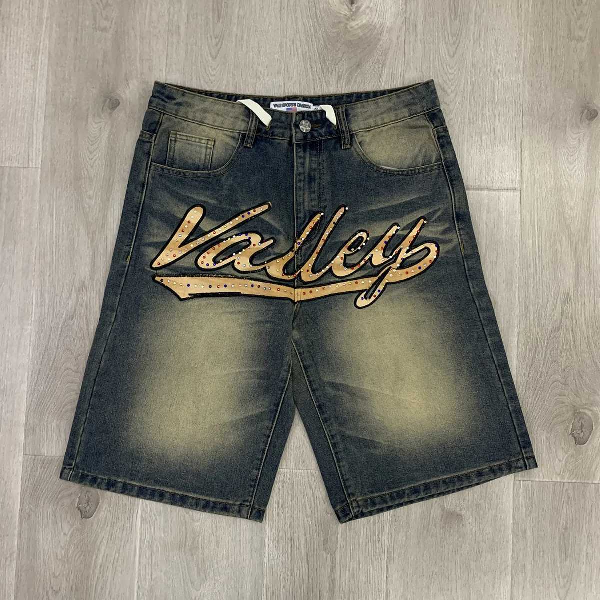 Full Rhinestone Shinning Black Baggy Jeans Shorts for Men Letter Embroidery Brilliant Diamond Loose Denim Knee Length Pants H251230