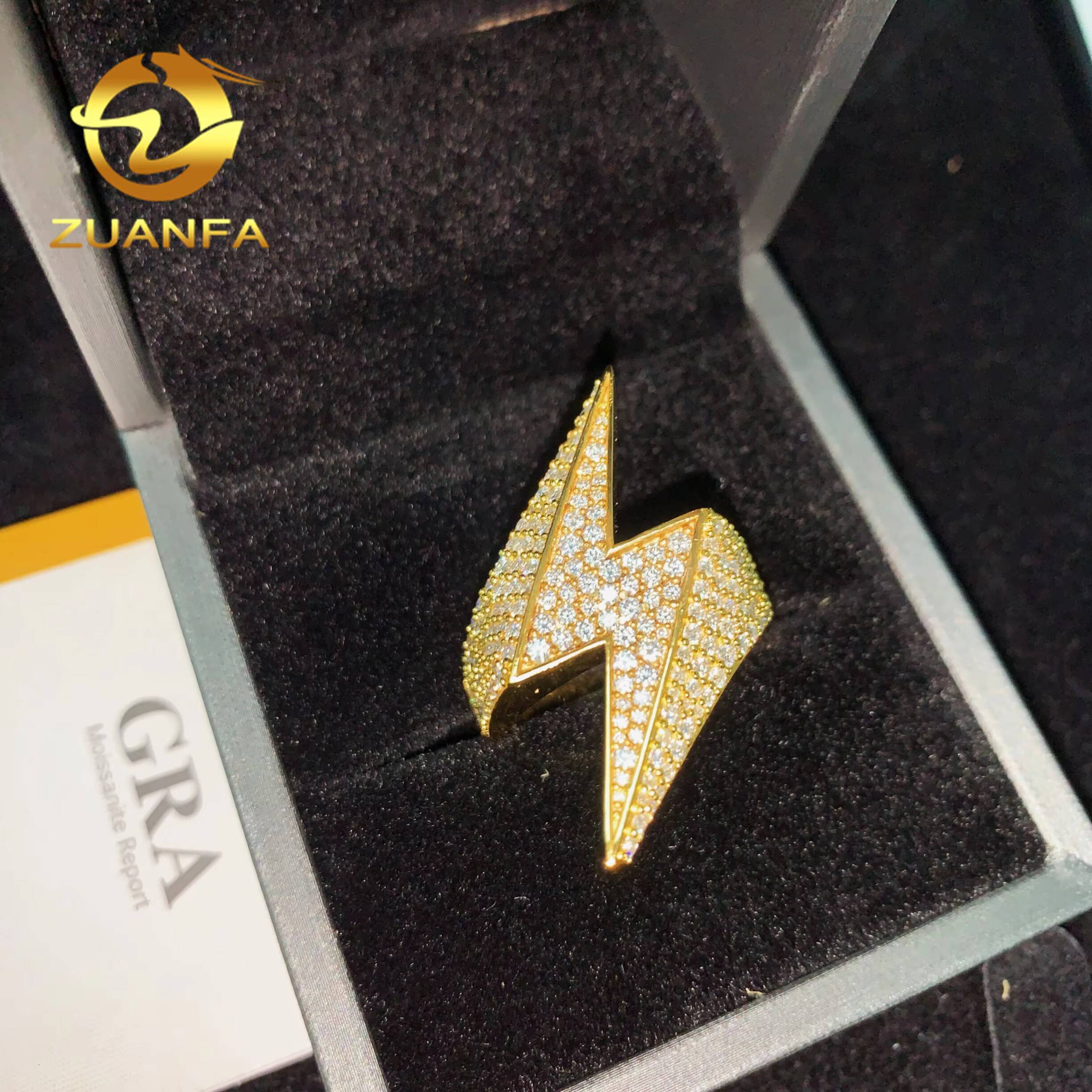 Real Gold Plated Lightening Bolt Design GRA 925 Sterling Silver Moissanite Ring Iced Out Ring Men Diamond Ring Championship Ring