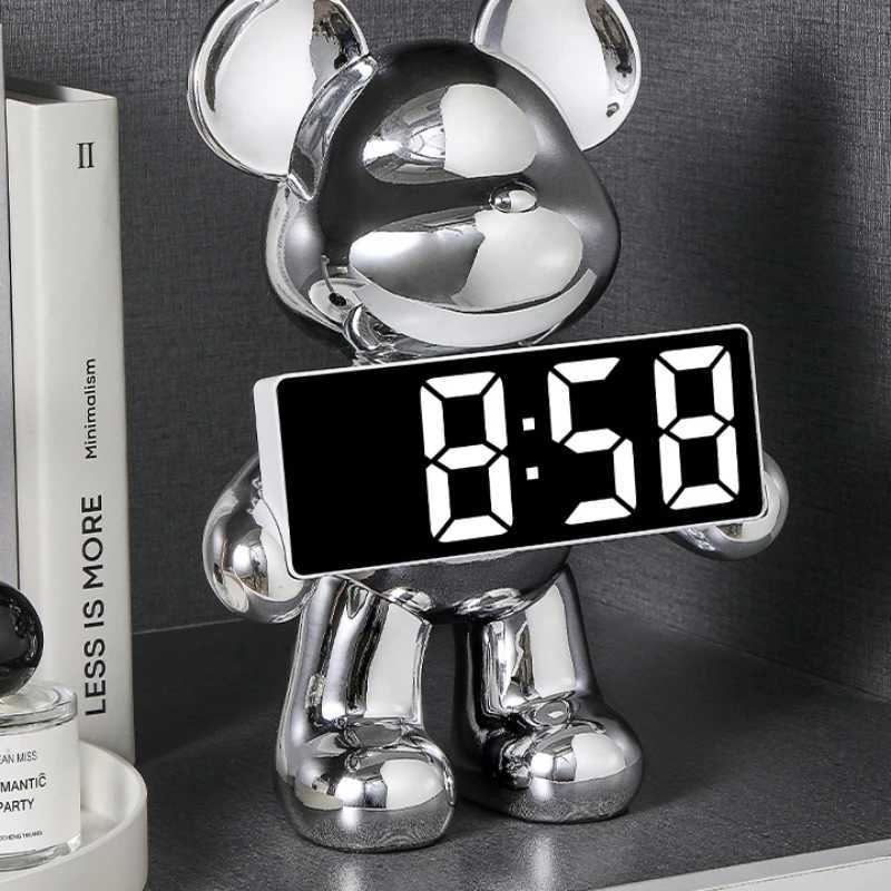 Creative Resin Miniature Bear Clock Figurines Table Ornament Bear Animal Model LED Alarm Battery/Plug-in Use for Home Decor M251205 - view 7