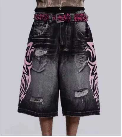 New Pink Striped Totem Hip Hop Denim Shorts Mens American Y2K High Street Style Harajuku Loose Women Hole Straight Shorts X251205