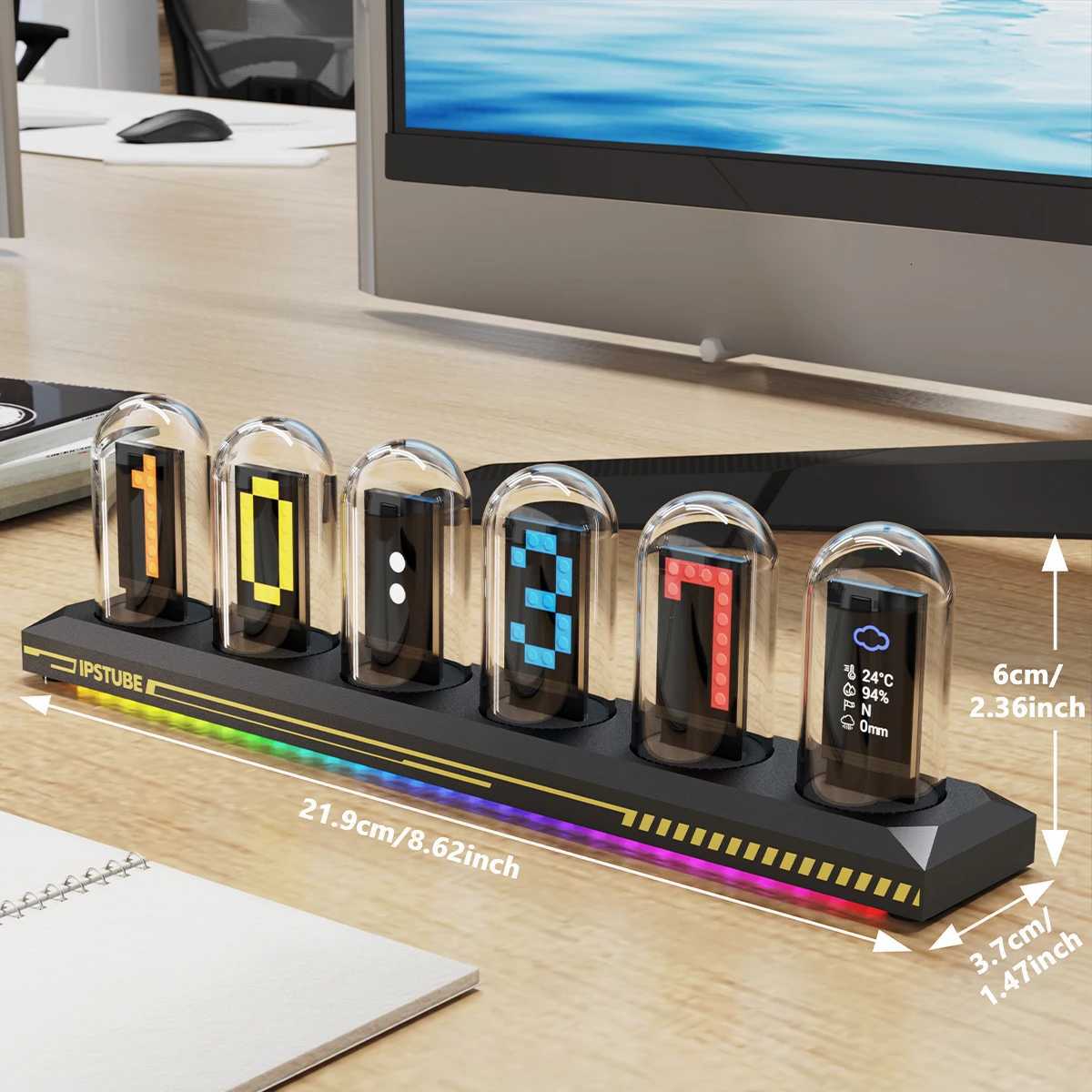 USB Powered RGB Nixie Tube Clock with IPS Color Screen Corded Electric Aluminum Oval Alarm Clock with Charging Port Metal Fram M251205