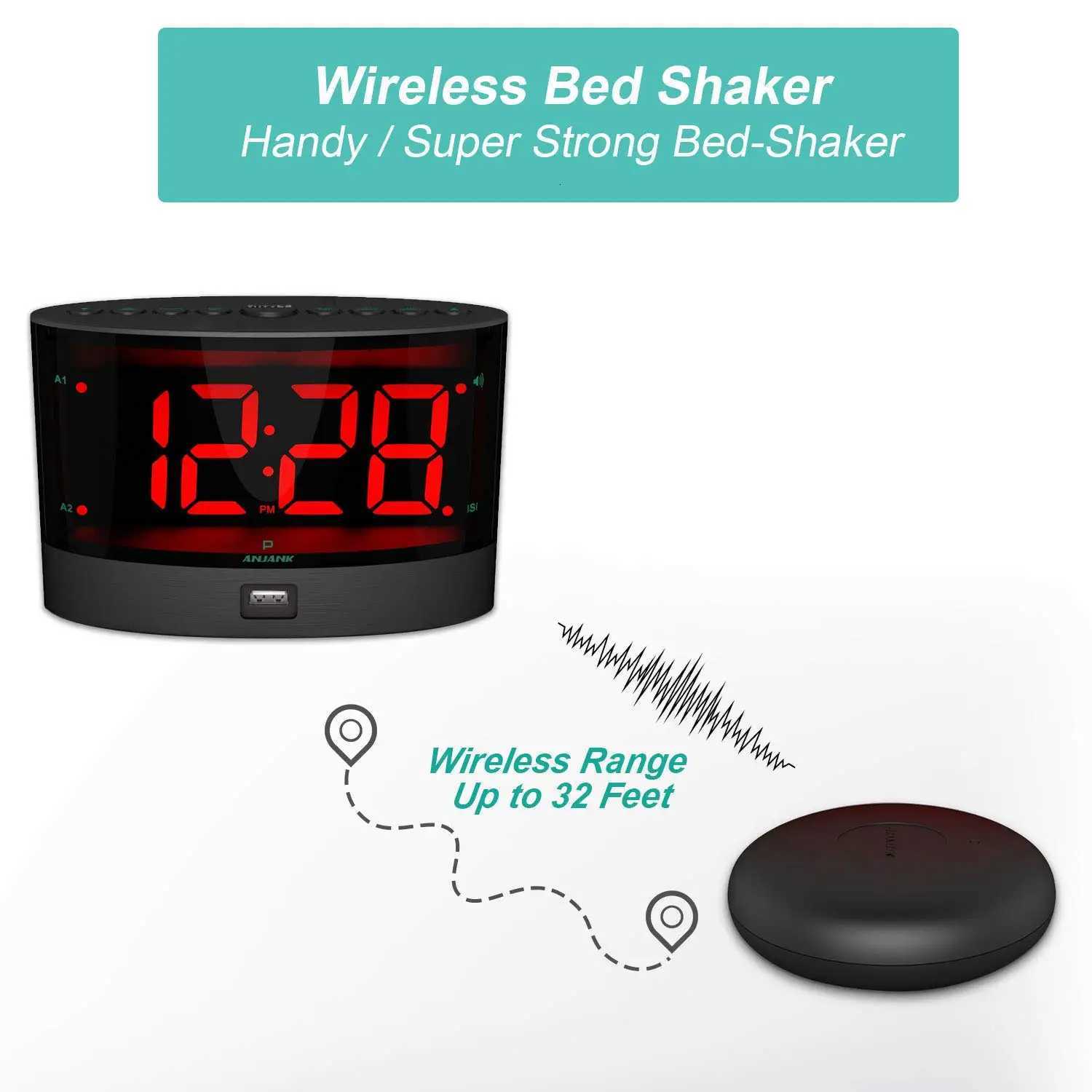 ANJANK Loud Alarm Clock for Heavy Sleepers with Wireless Bed ShakerVibrating for Deaf /Hearing-impairedDual AlarmUSB Charger M251205 - view 3