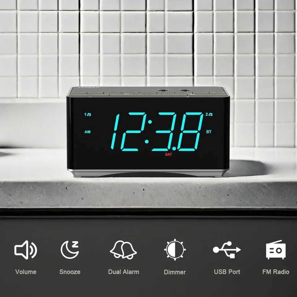 iTOMA 3501 Bluetooth Alarm Clock Dual Alarm FM Radio Stereo Speakers Snooze Dimmer USB Charging M251205
