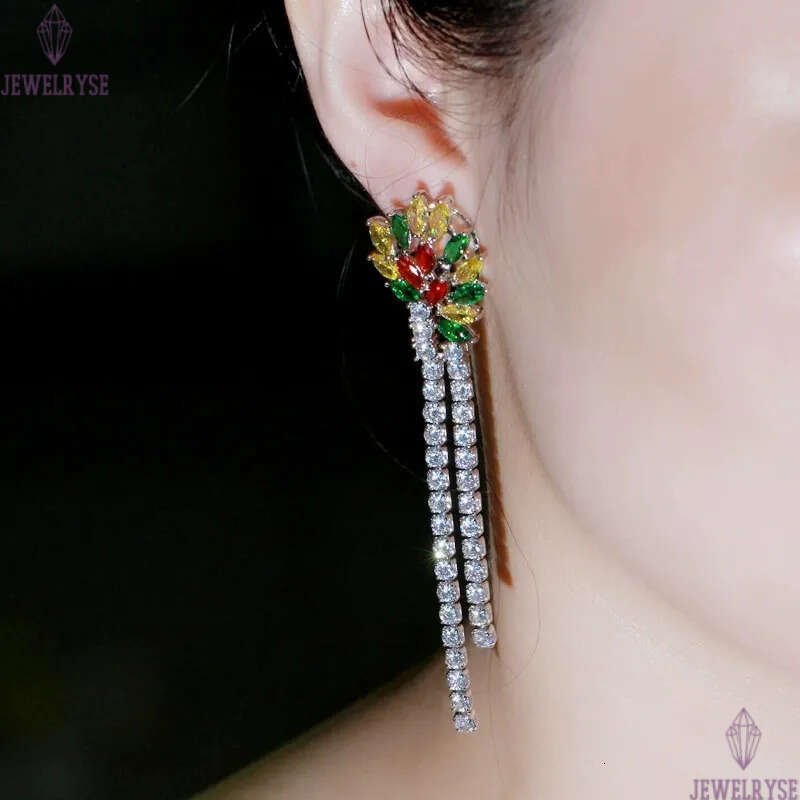colorful long flowers diamond earring designer for woman party 925 sterling silver Post purple red cubic zirconia women tassel luxurious charm earring