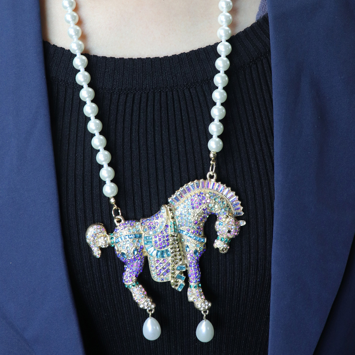 Vintage Heavy Industry HEID/I DAU/S Crystal Inlaid Diamond Tang Sancai Horse Brooch Necklace Set Accessories Marked