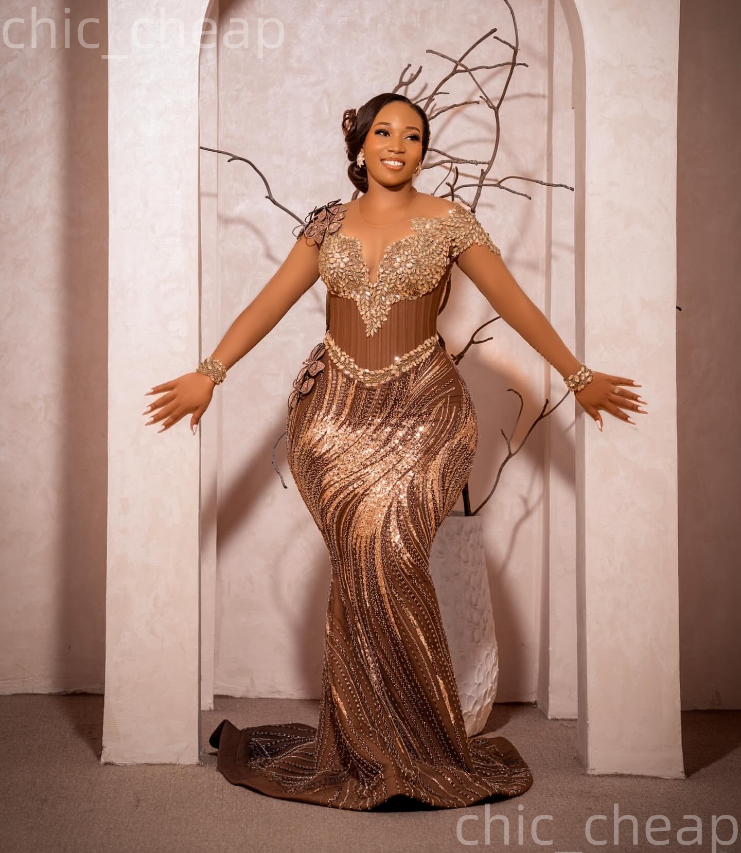 Aso Ebi Chocolate Mermaid Prom Dresses 2026 Crystals Flowers Sparkly Evening Formal Party Second Birthday Engagement Gowns Plus Size Dress For Special