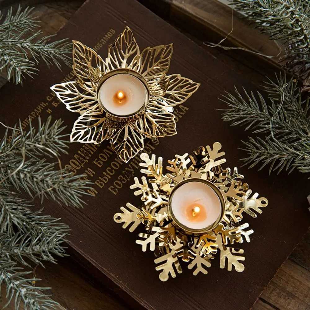 Candle Tray Modern Snowflake Candle Holders Flower Shape Iron Christmas Candleholder Golden Teght Holders Wedding Y251205