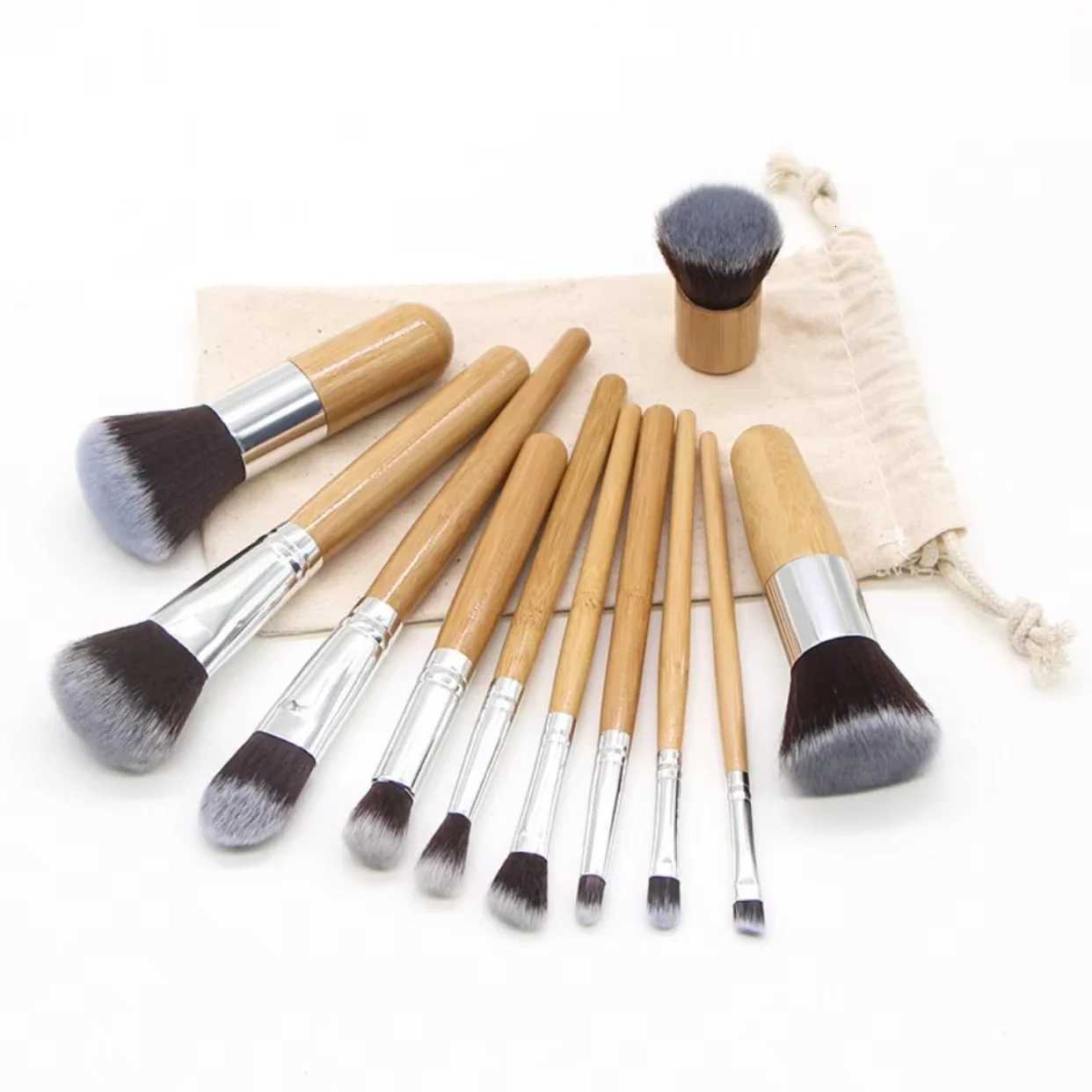 11pcs Natural Bamboo Handle Makeup Brushes Foundation Blending Make Up Tool Set With Cotton BagT251205