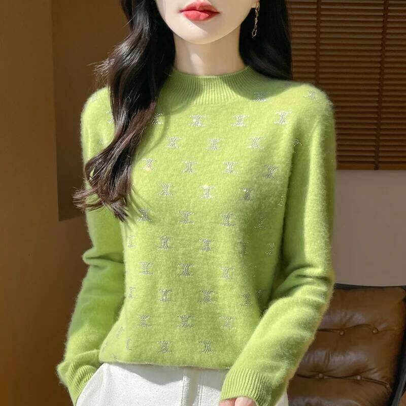 Women Fine Thickening Sweater Half-High Collar Leaf Studded With Diamonds Pullover Female Knitted Basis Tops Autumn Winter