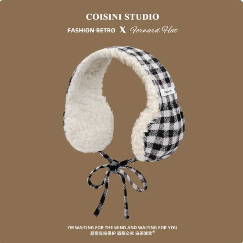 Korean Color-blocked Plaid Plush Earmuffs Womens Winter Fashion Literary Art Thickened Cycling Ear Protection Lace-up HeadbandXJ251205 - view 5
