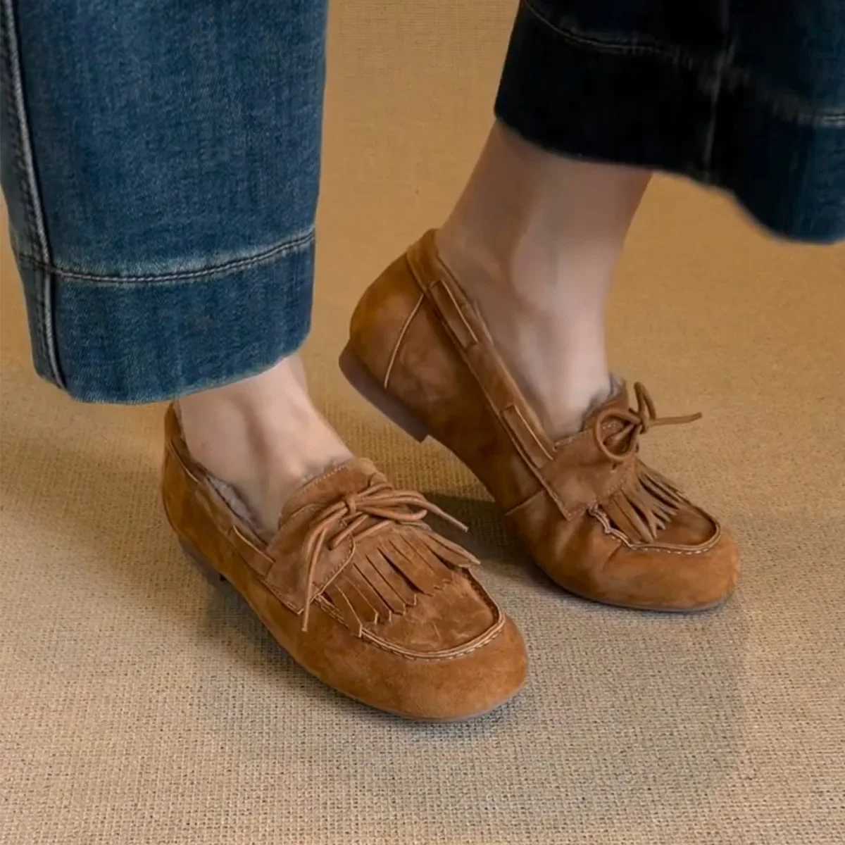 Suede Loafers Shoes Fur Flats Boots Woman 2025 Trend Winter Fashion Designer New Brand Walking Cozy Casual Warm Sneakers Mujer W251205
