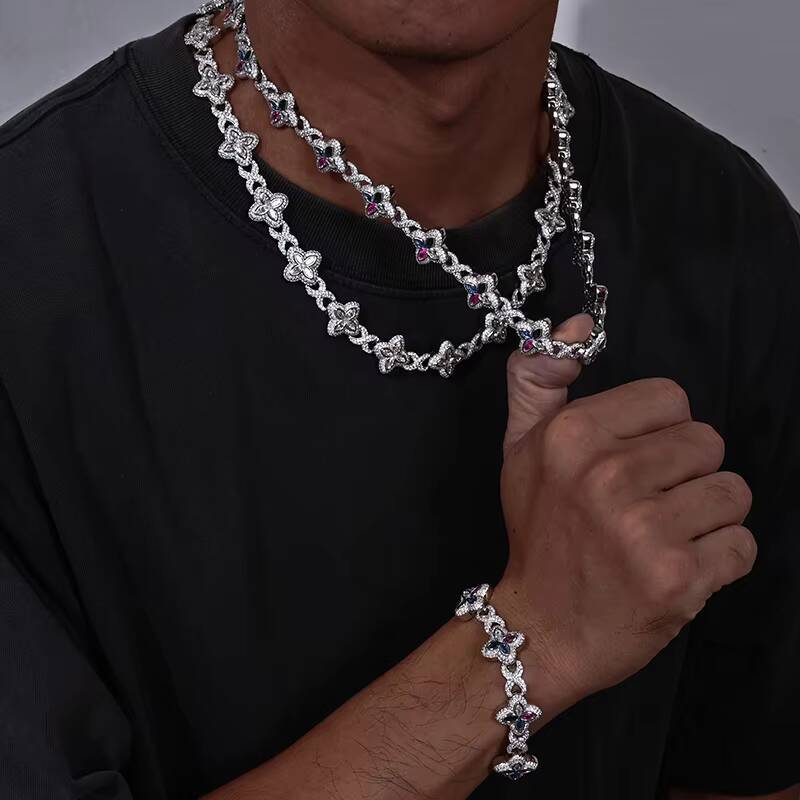 Hip Hop Jewelry S925 16mm VVS D Green Blue Moissanite Clovers Cuban Chain Custom Iced Out Moissanite Bracelet for Men Women