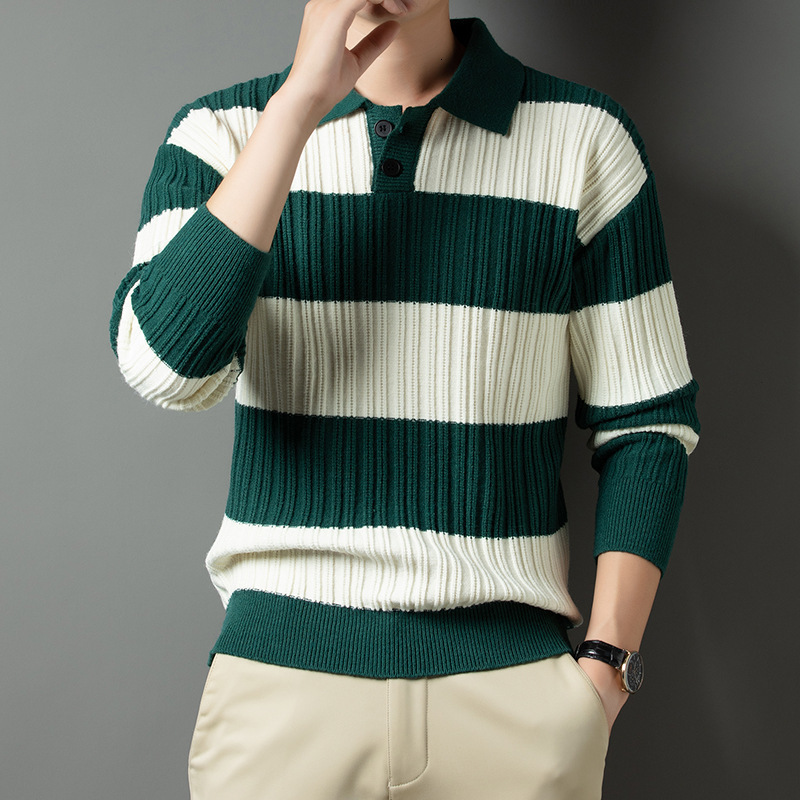 Mens Fashion Striped Button Polo Collar Long Sleeve Pullover Knitted Sweater Mens Casual Slim Fit Sweater Top 240906