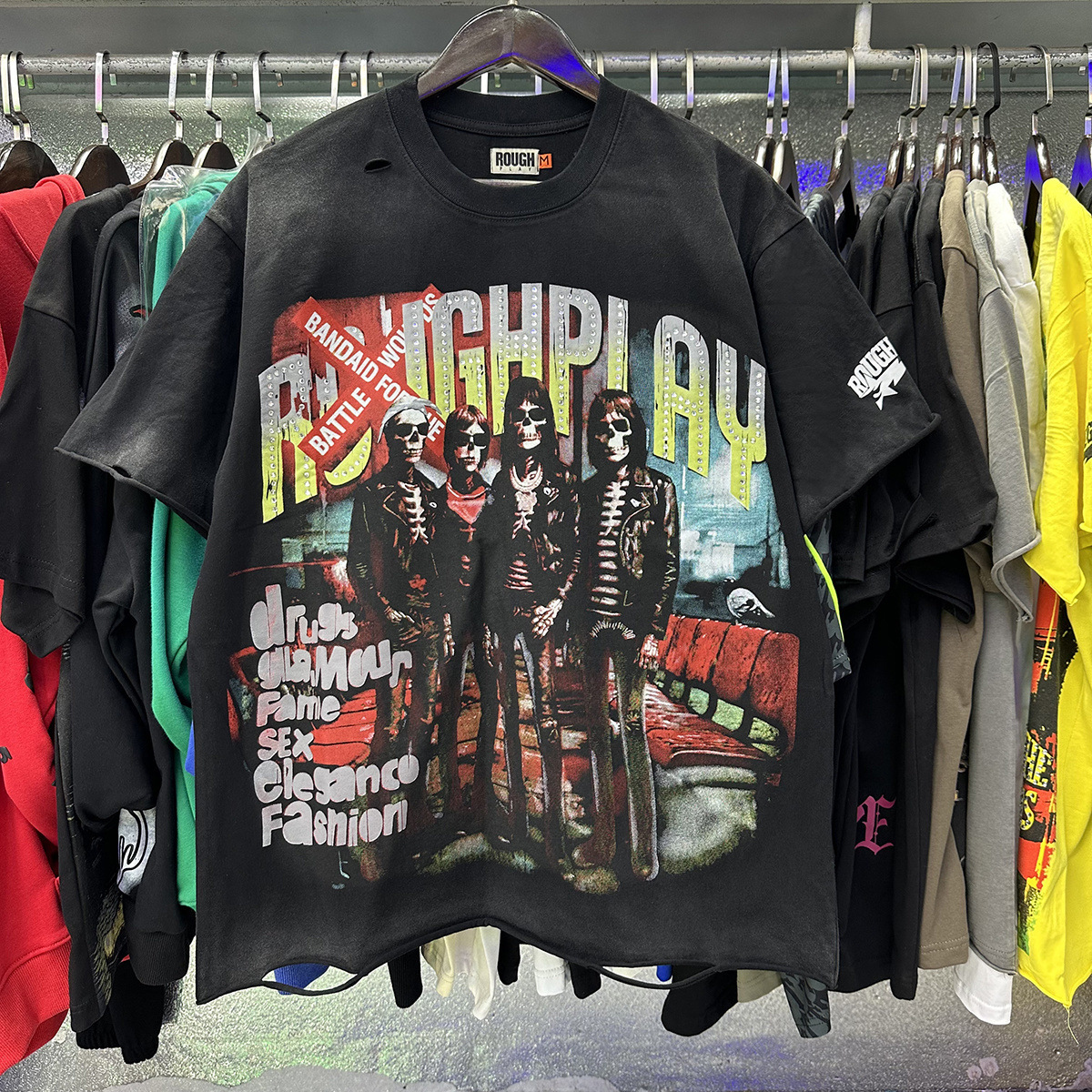 Men's T-Shirts RoughPlay Vintage Washed Skull Hip-hop Style Ripped Hole Patchwork Black Long Sleeves Casual Letter Printed Y2K Top Tees High-qual