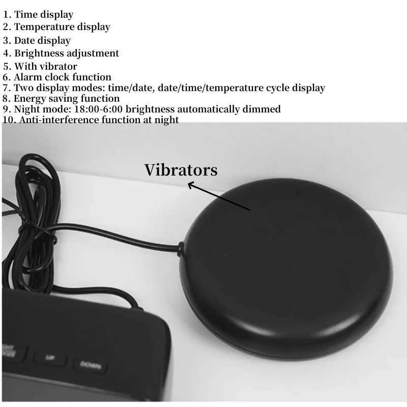 LED Digital Clock Alarm Clock Temperature Date Display Brightness Adjustable 12/24H Vibrator Electronic Clock for Heavy Sleepers M251205 - view 4