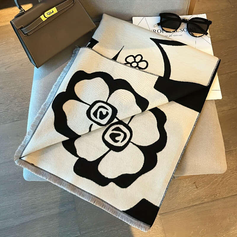 Elegant Camellia Scarf Breathable Thermal Lady Scarf Black White Fashion, Perfect For Spring And Summer Multi Functional Beach Casual Accessories