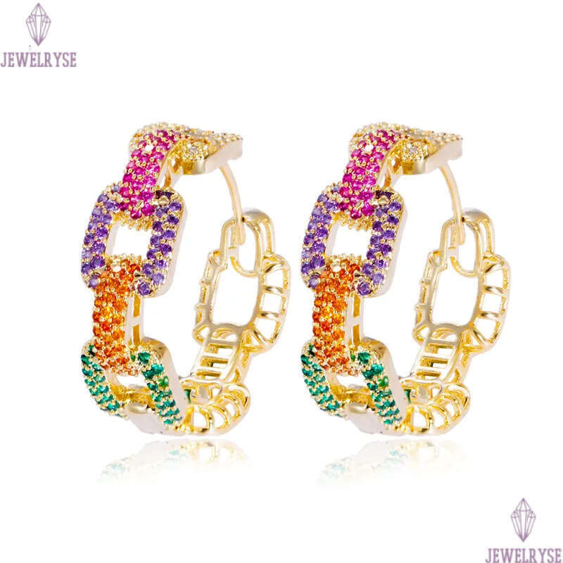Luxurious Gold Cuba Link Diamond Designer Hoop Earring for Woman Party Colorful AAA Cubic Zirconia Copper Circle Fashion Womens Earrings Hip Hop Jewel