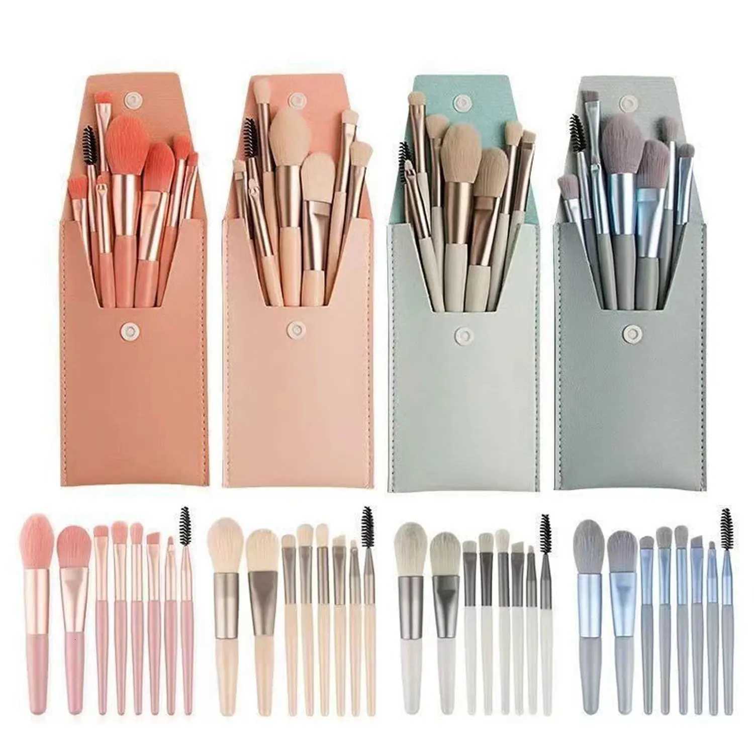 8PCS Mini Brush Makeup Bag Portable Concealer Powder Brush Set Soft Fur Make-up Tool Green Snap BagT251205