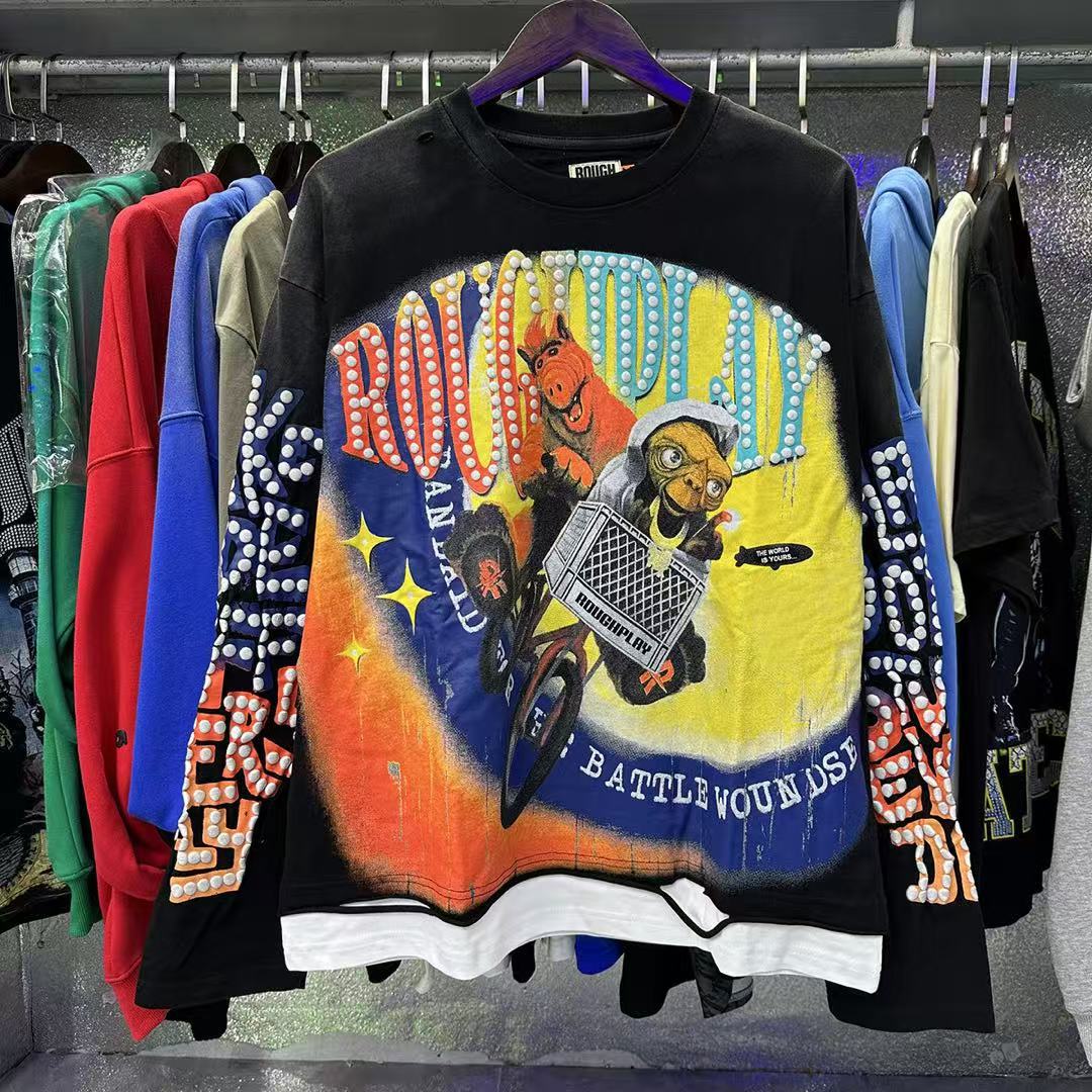 Designer Men's Hoodies RoughPlay Vintage Washed Skull Hip-hop Style Ripped Hole Patchwork Black Casual Letter Printed Y2K Top Tees High-quality L