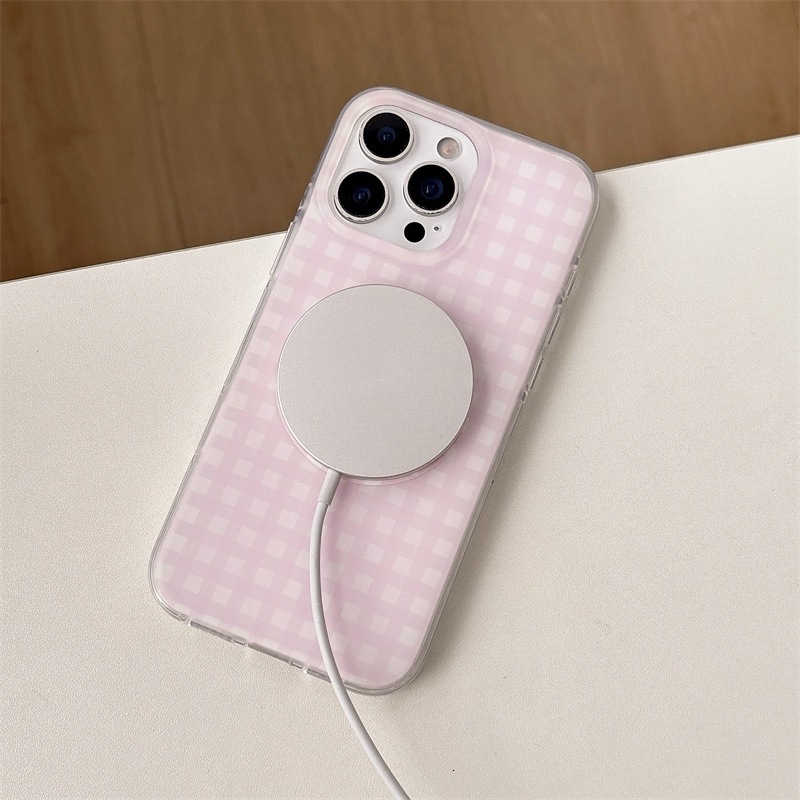 Korean Style Magnetic Solid Color Plaid iPhone 17 Apple 16 Pro Max Phone Case for Women 15/14 Rounded Edges