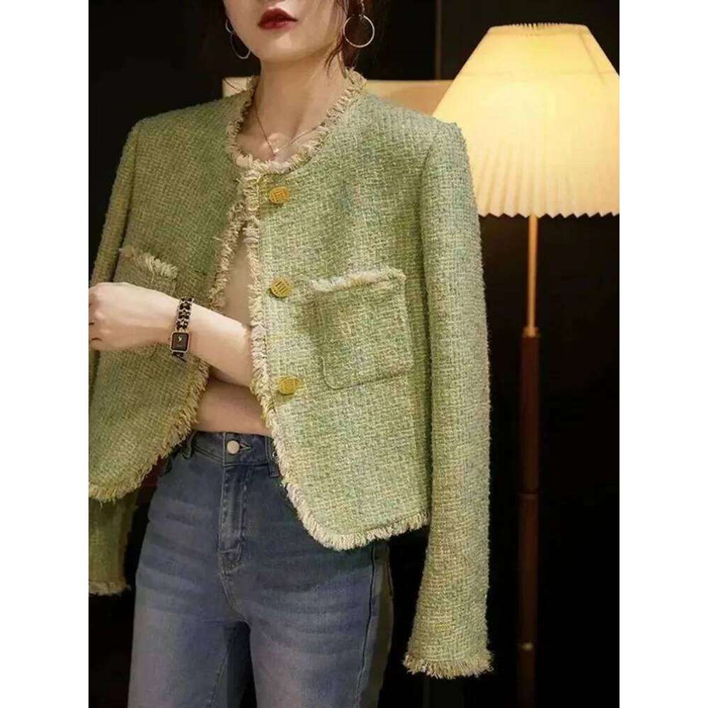 Fashion 2026 Chic Tassel Green Tweed Jackets Women Elegant Long Sleeve Korean Casual Short Coat New High Quality Sweet Outwear Tops Designer