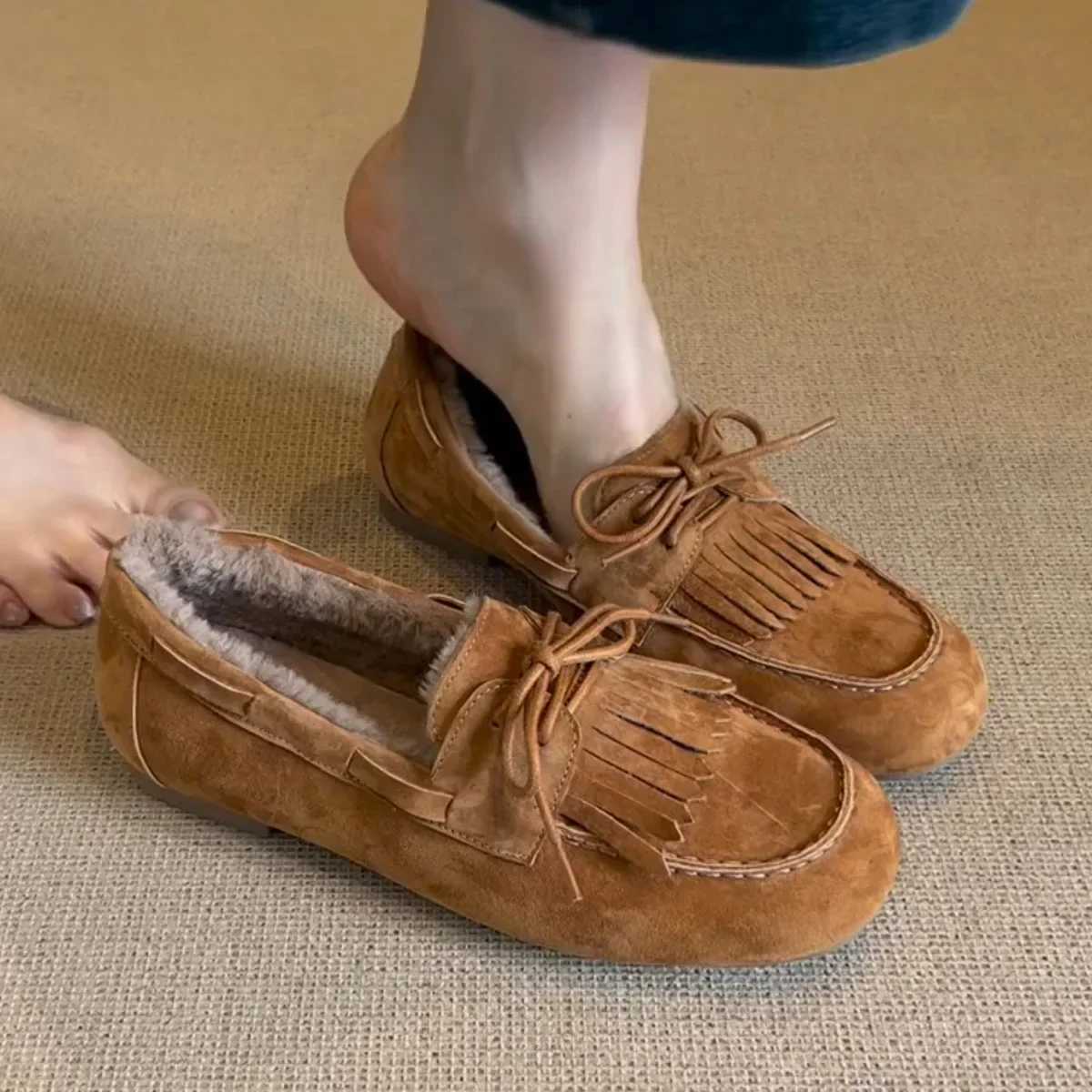Suede Loafers Shoes Fur Flats Boots Woman 2025 Trend Winter Fashion Designer New Brand Walking Cozy Casual Warm Sneakers Mujer W251205