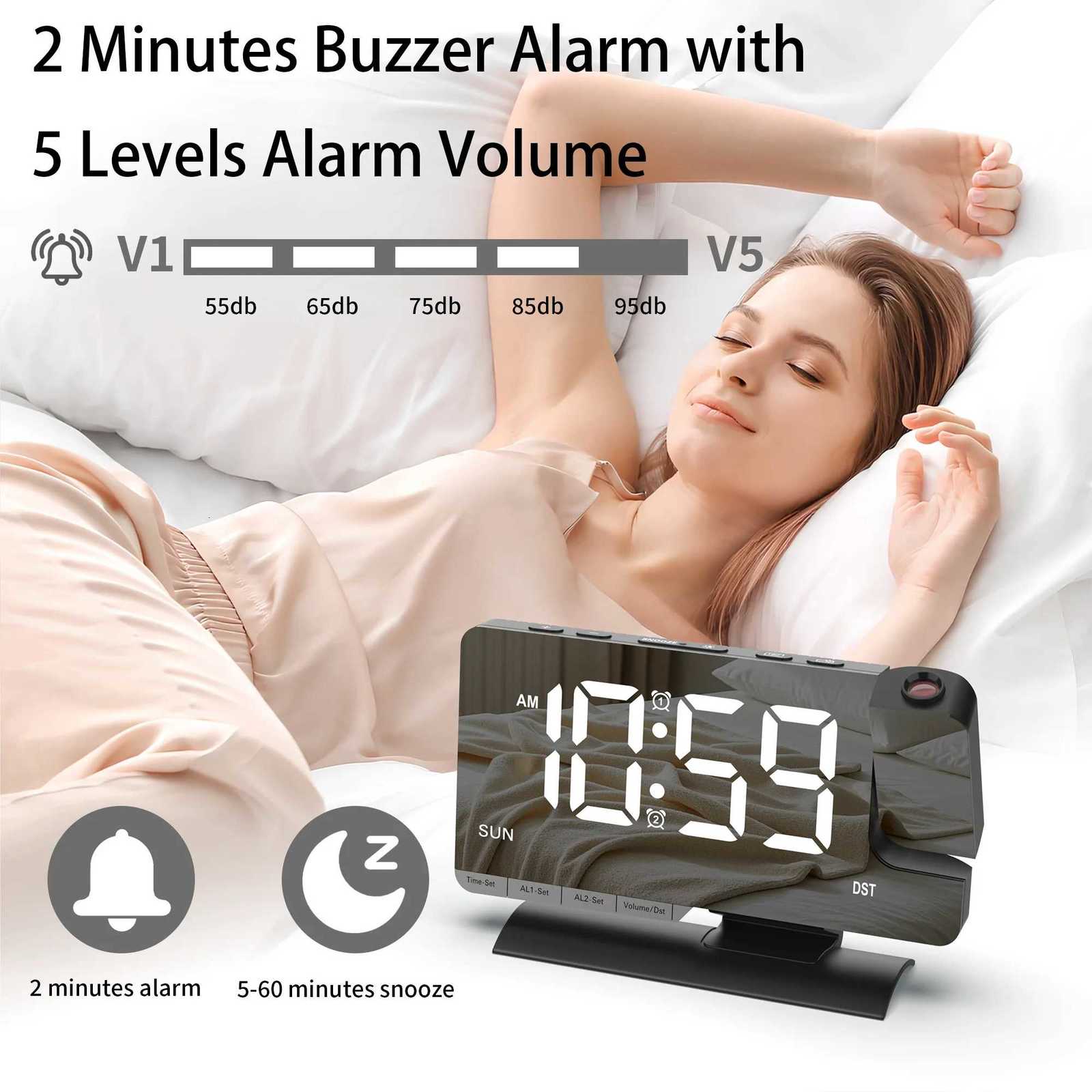 Office Student LED Projection Alarm Clock 180 Rotating Digital Clock Weekday/Weekend Mode Dimmer Multifunctional M251205 - view 5