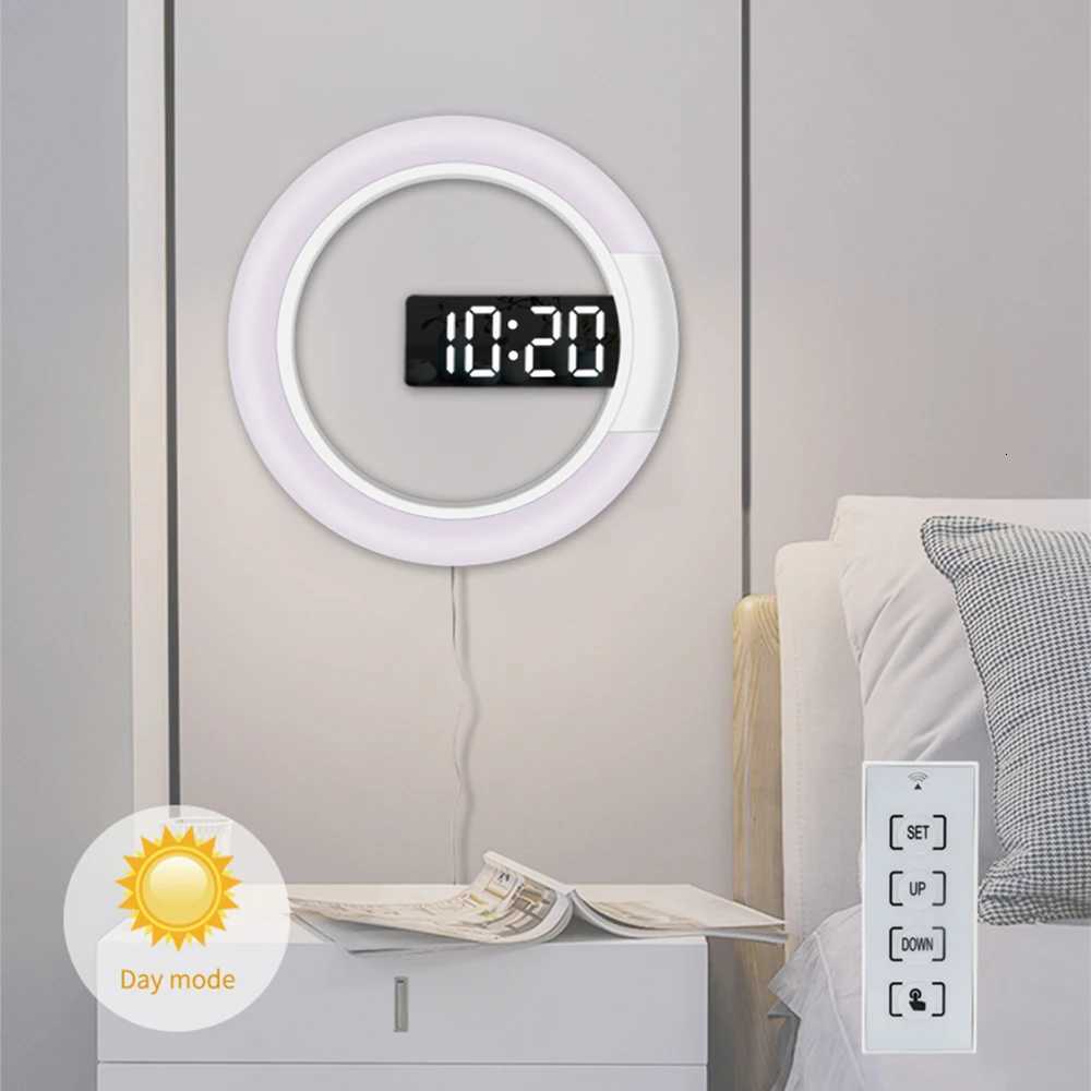 LED Mirror Hollow Wall Clock with Remote Control Round Digital Alarm Clock Wall Decoration Light 7 Color Night Light 12/24H Mode M251205 - view 4