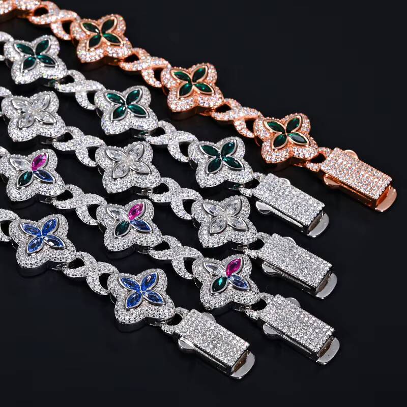 Hip Hop Jewelry S925 16mm VVS D Green Blue Moissanite Clovers Cuban Chain Custom Iced Out Moissanite Bracelet for Men Women