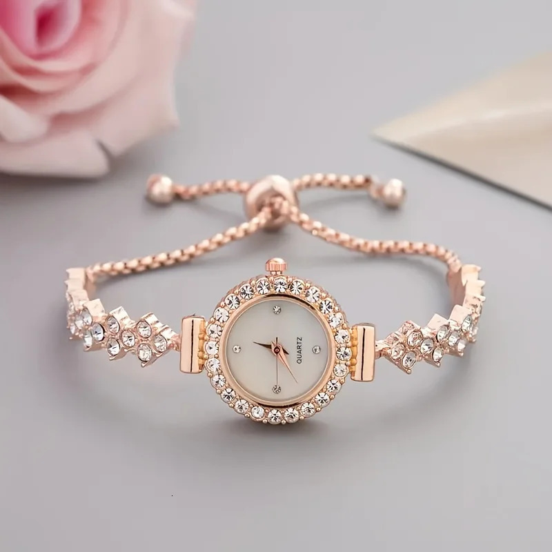 1 piece of elegant womens quartz watch paired with ious rhinestone embellishment - gold simulated bracelet 251128