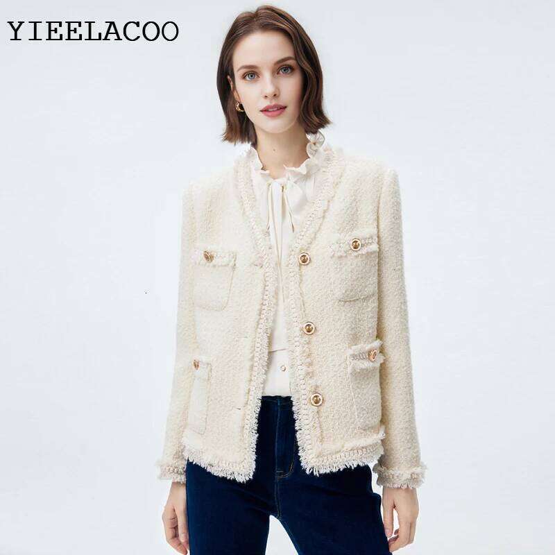 Fashion 2026 Beige Tweed Jacket Professional V-Neck Spring /Autumn Women's Business Ladies One-Piece Classic Jacket Designer