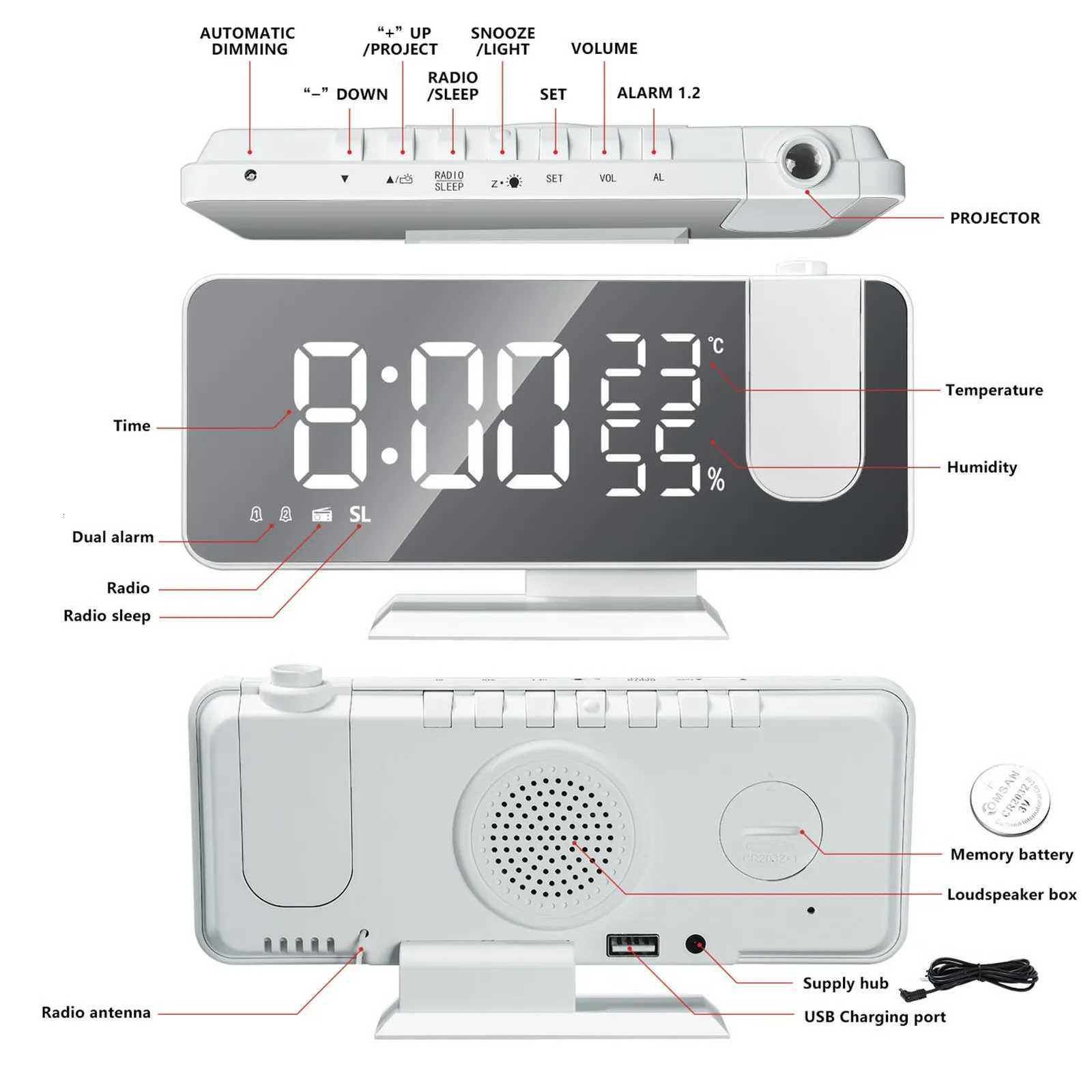 LED Digital Projection Alarm Clock Watch Table Electronic Desktop Clocks USB Wake Up FM Radio Time Ceiling Projector Function M251205 - view 7
