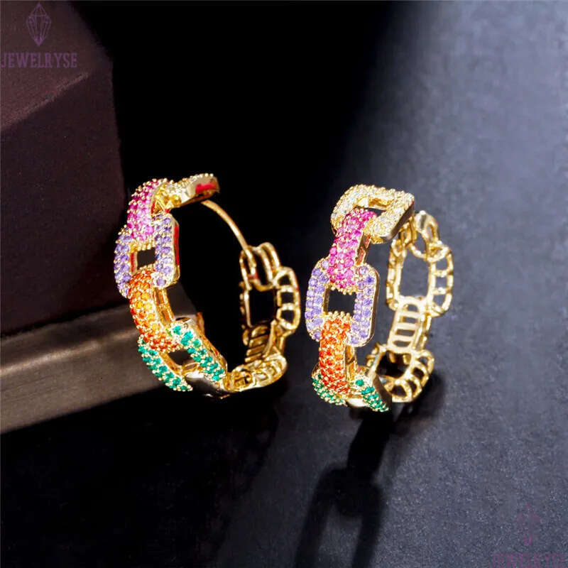 Luxurious Gold Cuba Link Diamond Designer Hoop Earring for Woman Party Colorful AAA Cubic Zirconia Copper Circle Fashion Womens Earrings Hip Hop Jewel