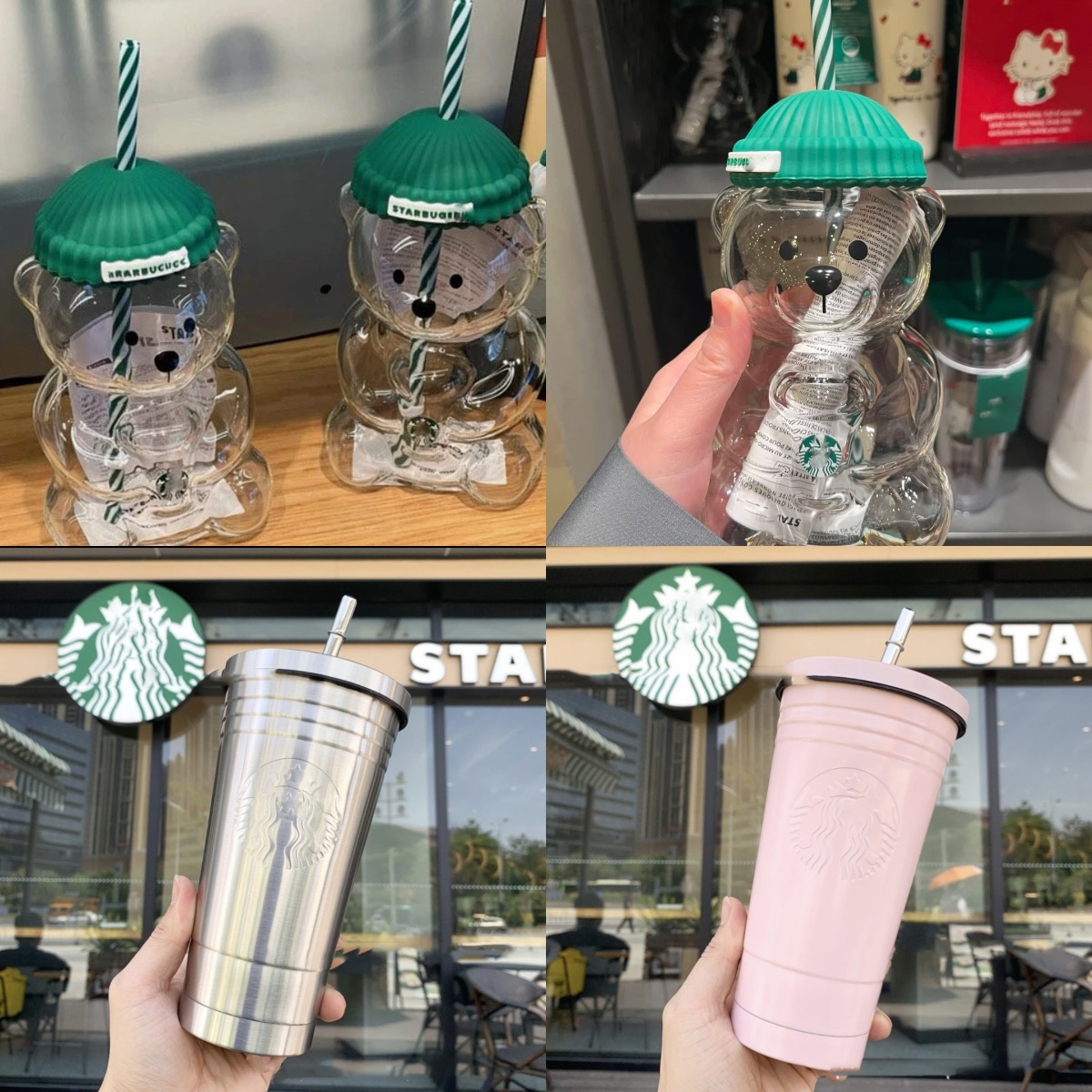 16oz Water Bottle Coffee Mug Green bear glass cup with straw, cute transparent cup with lid, suitable for iced coffee and cold drinks, for gift Camping Cup