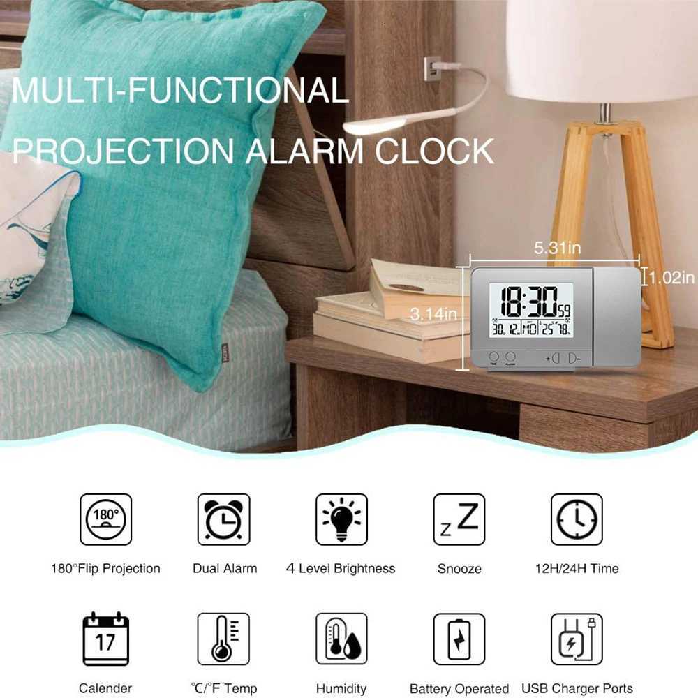 Projection Alarm Clock for Bedroom with Thermometer Hygrometer Digital Ceiling Clock Dimmable LED Display with USB Charger M251205 - view 4